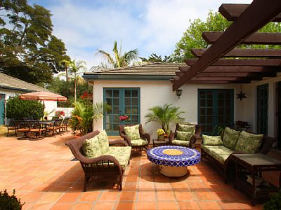 Spanish style courtyard. (Detached garage shown on the left)